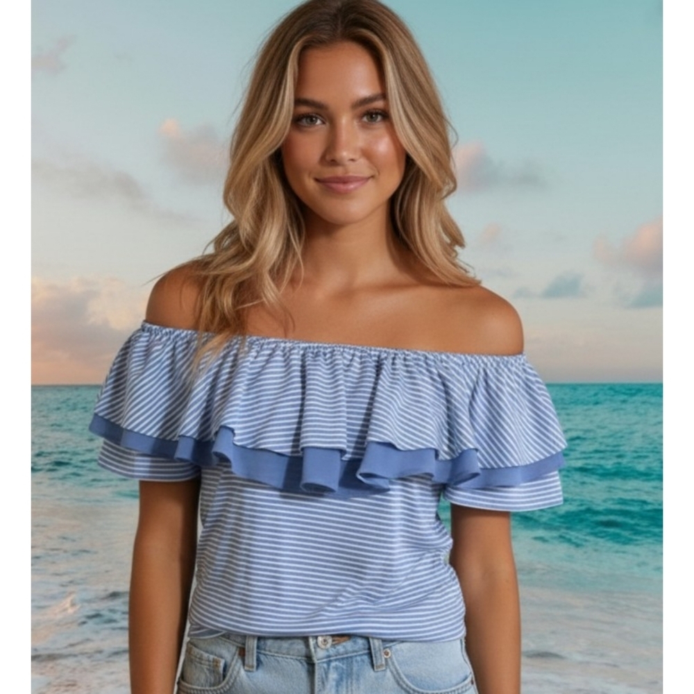 Hem & Thread Off Shoulder Ruffle Sleeve Striped Top Blue & White Size S